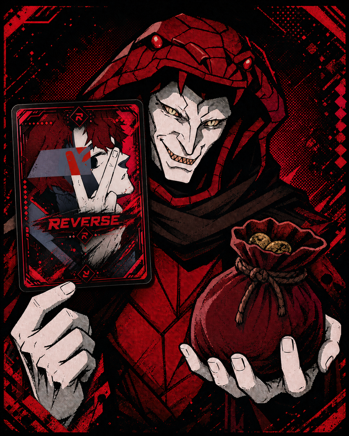 Красный посредник с картой REVERSE и мешком монет